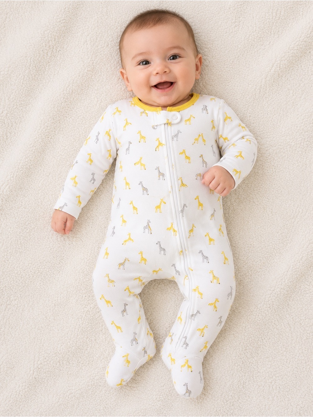 3-6 MTH Simple White Footed One-Piece with Yellow & Gray Giraffe Print